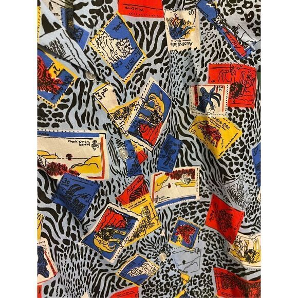 Vintage Blue Animal Print Animal Stamps logo HARMAL NEW YORK medium button down - Picture 10 of 13